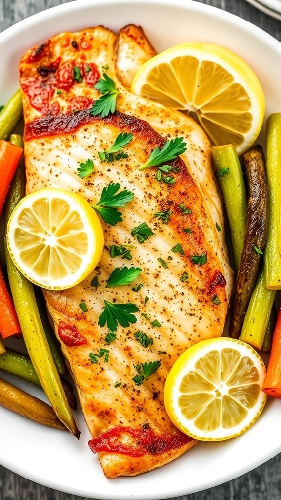 Baked tilapia fillet garnished with parsley and lemon, served with vegetables on a plate.